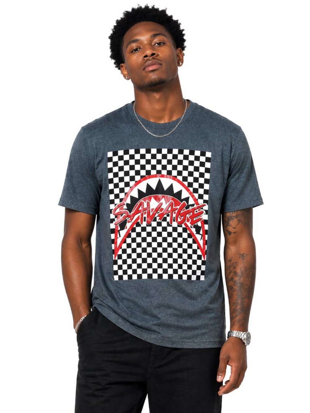 The Young & Wild Men's M Gray Savage Checkerboard Graphic T Shirt Streetwear